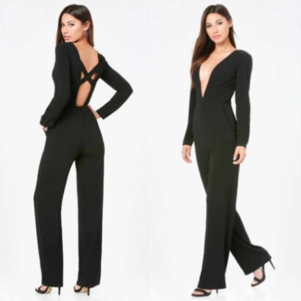 bebe x NAVEN Plunge Cross Back Jumpsuit Black 2